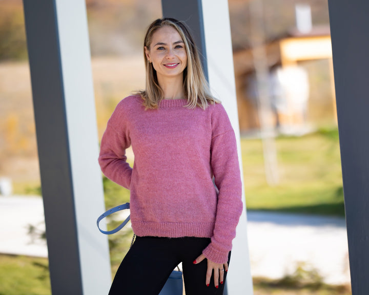 Pink Alpaca Merino Wool Sweater, Hand-Knitted Lightweight Pullover T1310