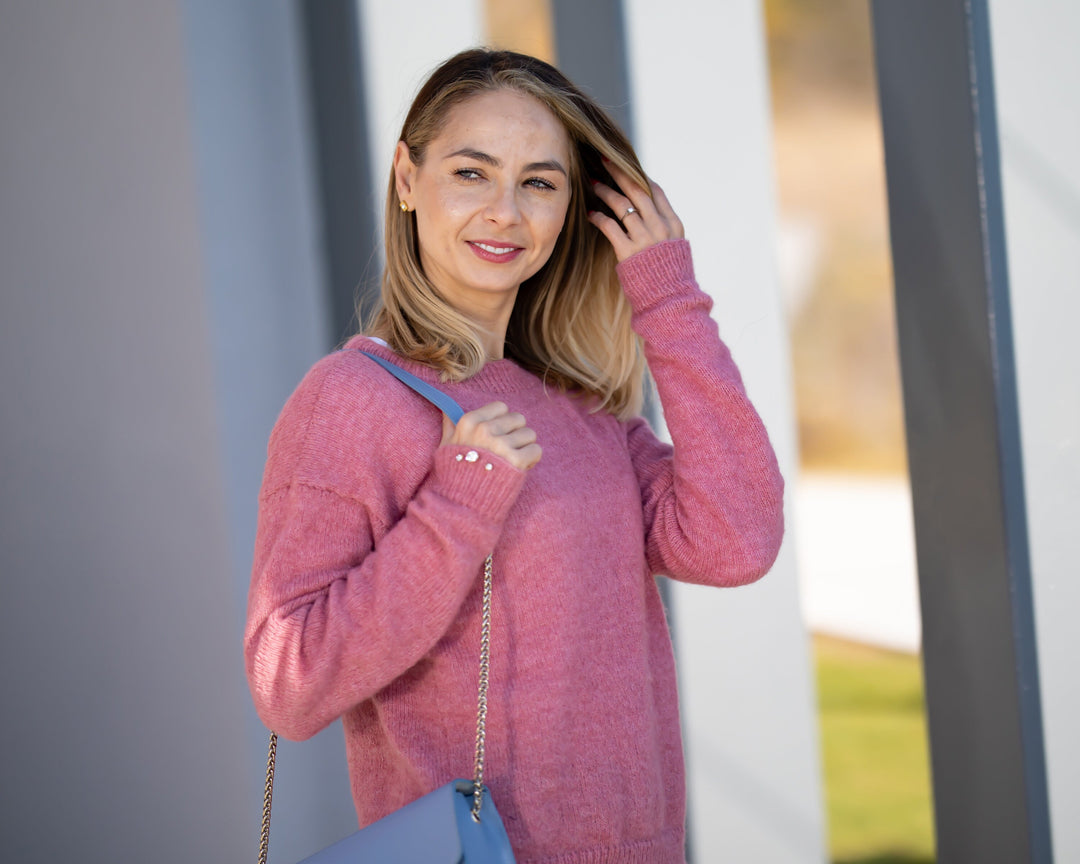 Pink Alpaca Merino Wool Sweater, Hand-Knitted Lightweight Pullover T1310