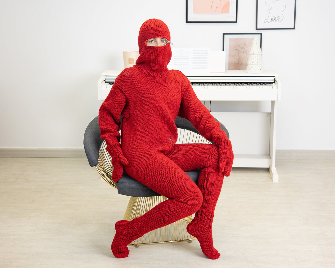 Raw Wool Catsuit – Hand-Knitted Itchy Full Body Suit Overall with Mittens and Socks T1315