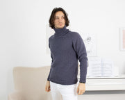 Pull en laine tricoté à la main qui gratte – 100 % laine brute, bleu denim T1319