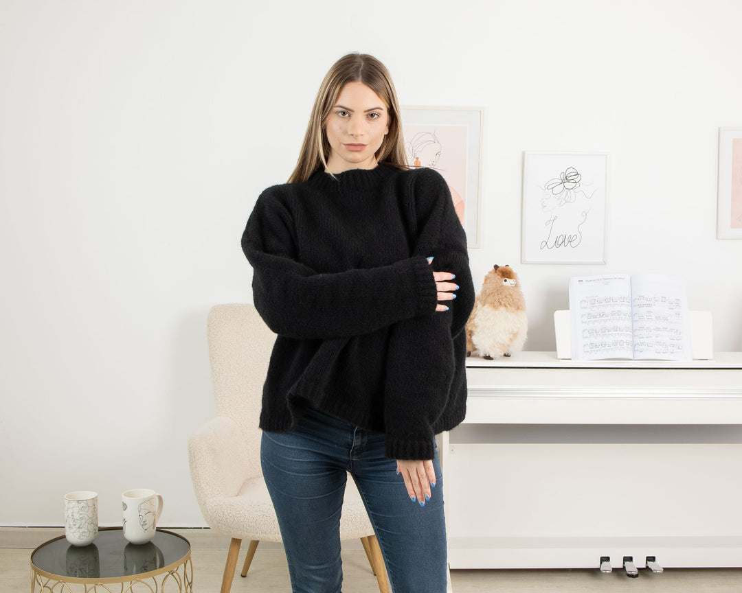 Extra Soft Chunky Yak Wool Sweater, Hand Knitted Black Fluffy Warm Pullover T1338