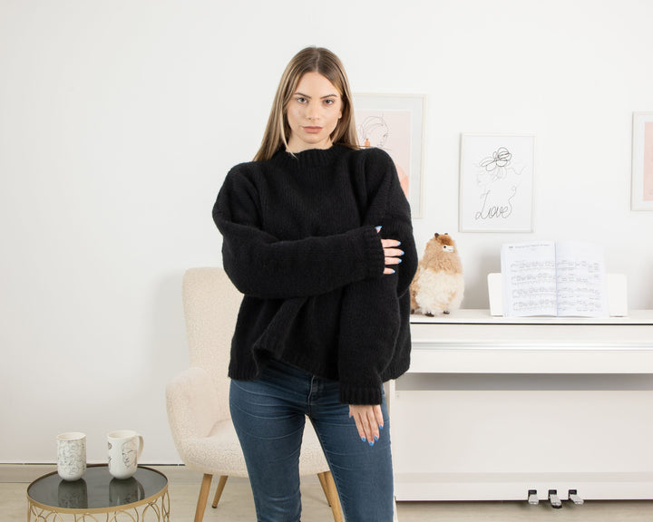 Extra Soft Chunky Yak Wool Sweater, Hand Knitted Black Fluffy Warm Pullover T1338