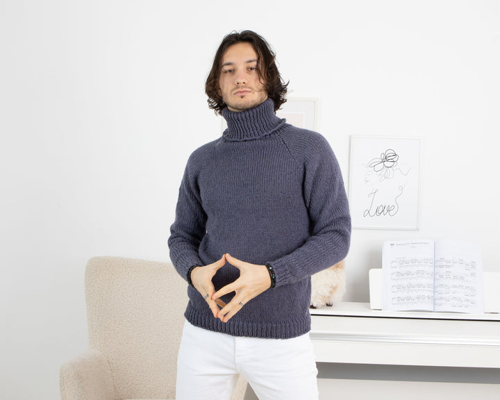 Hand-Knitted Itchy Wool Sweater – 100% Raw Wool Denim Blue Jumper T1319