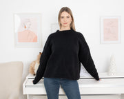 Besonders weicher, grob gestrickter Yakwollpullover, handgestrickter schwarzer flauschiger warmer Pullover T1338