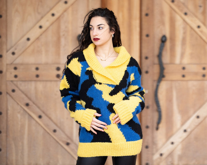10-Strand Baby Alpaca and Merino Wool Sweater, Hand Knitted Camouflage Chunky Warm Jumper T1358