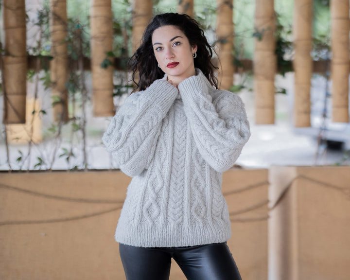 Baby Alpaca and Merino Wool Sweater, Hand Knitted Extra Soft Lightweight Warm Pullover T1356