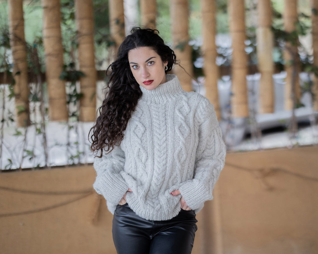 Baby Alpaca and Merino Wool Sweater, Hand Knitted Extra Soft Lightweight Warm Pullover T1356