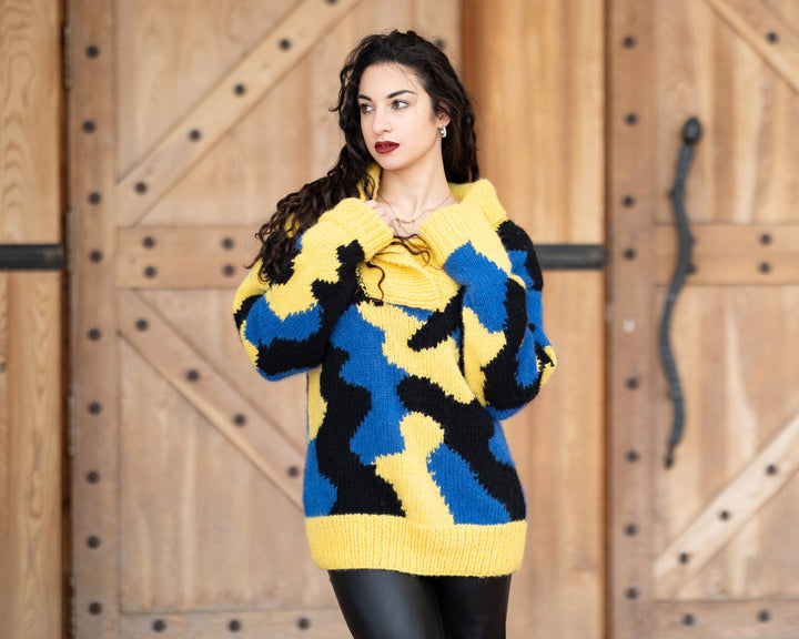 10-Strand Baby Alpaca and Merino Wool Sweater, Hand Knitted Camouflage Chunky Warm Jumper T1358