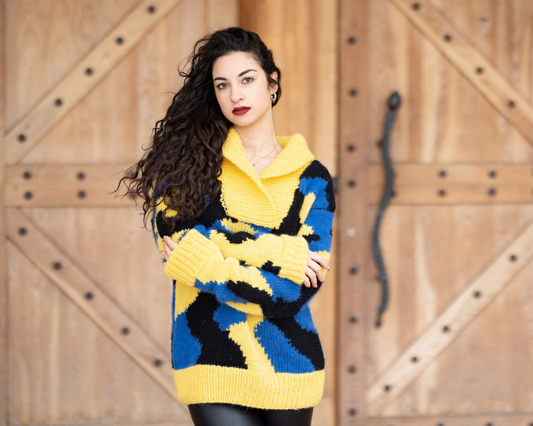 10-Strand Baby Alpaca and Merino Wool Sweater, Hand Knitted Camouflage Chunky Warm Jumper T1358