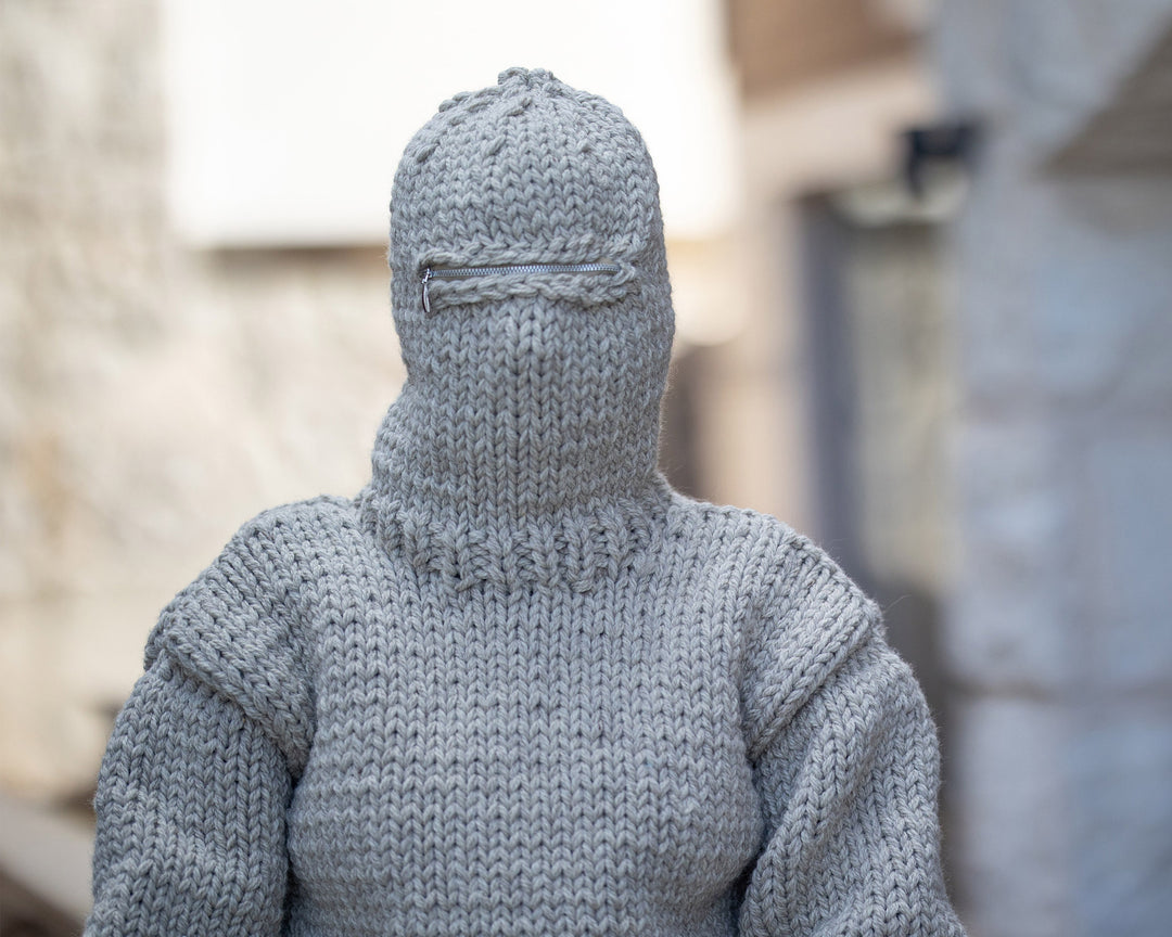 Raw Wool Catsuit Overall – Chunky Hand-Knitted Full Body Suit with Mittens and Socks T1359