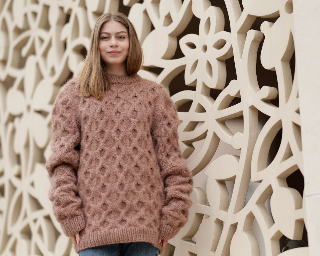 10-Strand Baby Alpaca Sweater, Hand Knitted Extra Soft Chunky Cable Knit Pullover T1369