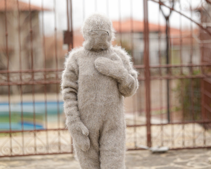 Beige Mohair Catsuit – Hand-Knitted Fluffy  Full Set with Balaclava, Mittens and Socks T1375