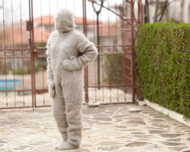 Beige Mohair Catsuit – Hand-Knitted Fluffy  Full Set with Balaclava, Mittens and Socks T1375