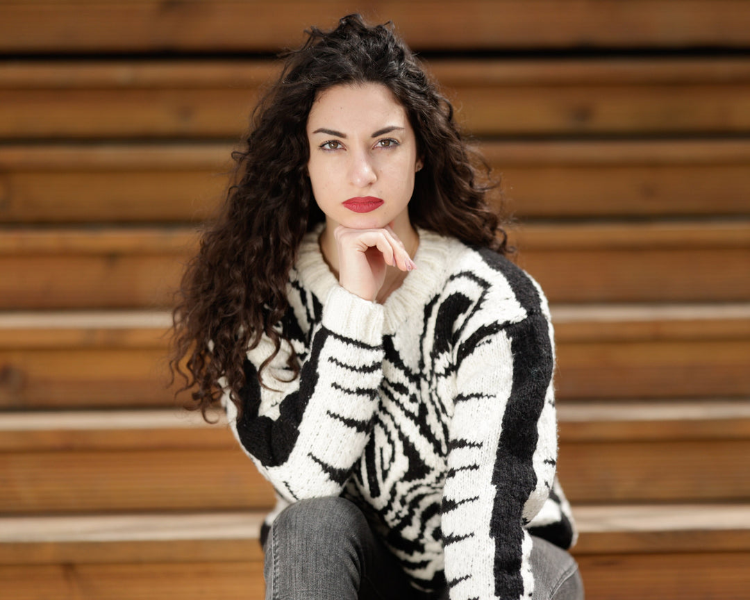 Alpaca and Merino Wool Sweater with Zebra Head, Hand Knitted Fashion Statement Jumper T1378