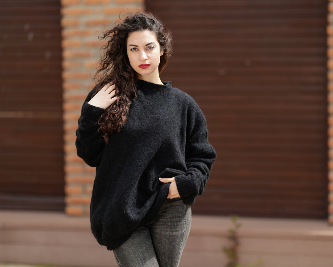 Hand Knitted Black Alpaca Merino Wool Sweater, Fluffy Fuzzy Jumper T1384