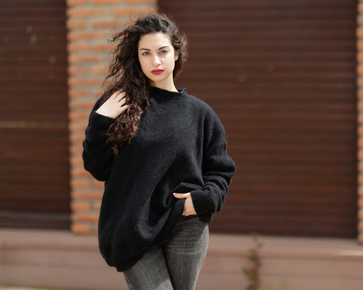 Hand Knitted Black Alpaca Merino Wool Sweater, Fluffy Fuzzy Jumper T1384