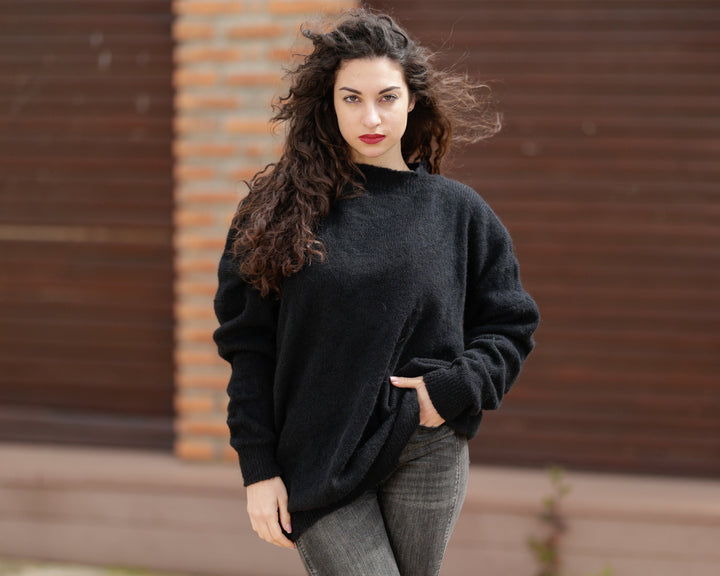Hand Knitted Black Alpaca Merino Wool Sweater, Fluffy Fuzzy Jumper T1384