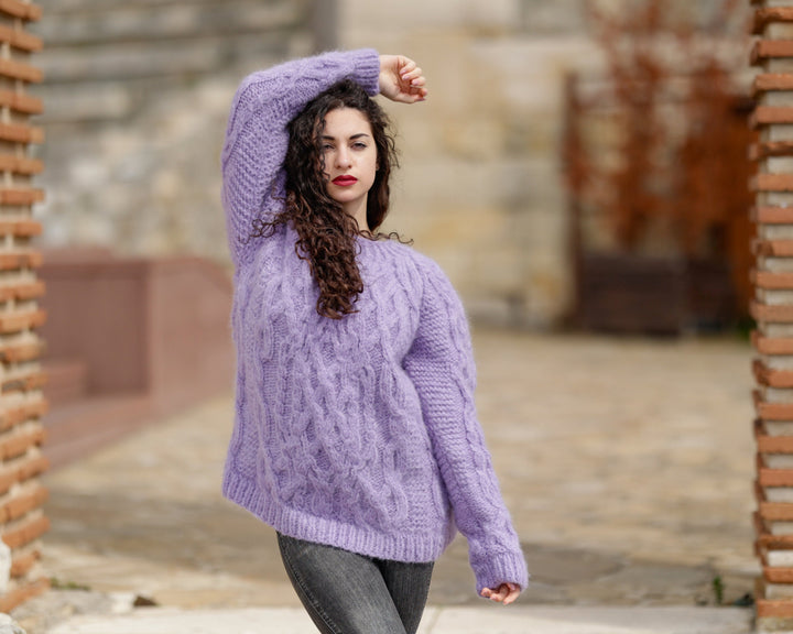 Purple Italian Kid Mohair Sweater, Hand Knitted Soft Fluffy Cable Knit Jumper T1388