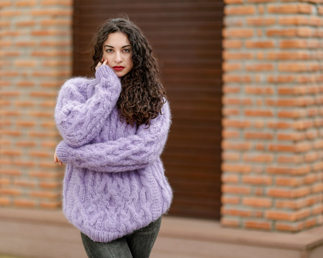 One available in size 2XL, Purple Italian Kid Mohair Sweater , Cable Knit Jumper  T1388