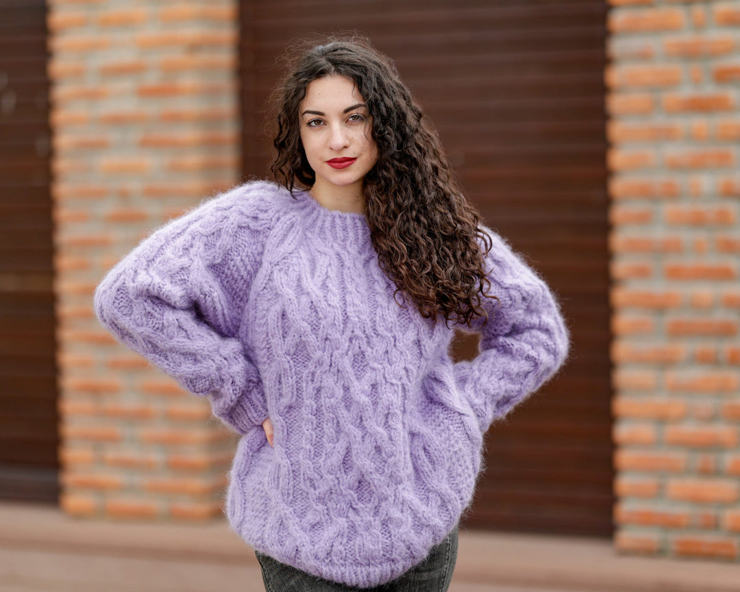 Purple Italian Kid Mohair Sweater, Hand Knitted Soft Fluffy Cable Knit Jumper T1388