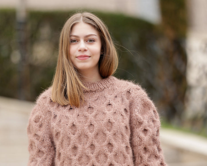 10-Strand Baby Alpaca Sweater, Hand Knitted Extra Soft Chunky Cable Knit Pullover T1369