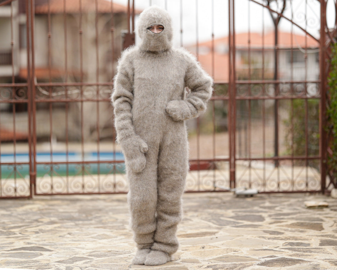 Beige Mohair Catsuit – Hand-Knitted Fluffy  Full Set with Balaclava, Mittens and Socks T1375