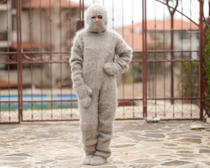 Beige Mohair Catsuit – Hand-Knitted Fluffy  Full Set with Balaclava, Mittens and Socks T1375