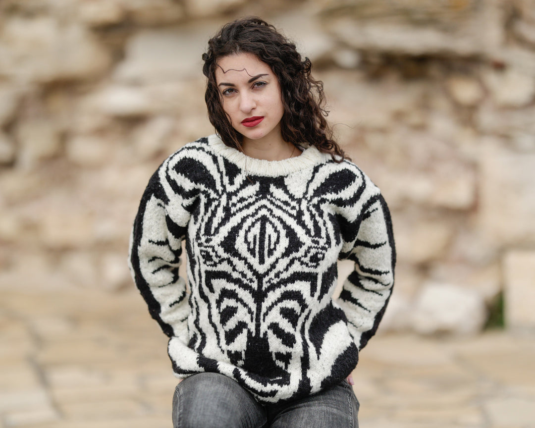 Alpaca and Merino Wool Sweater with Zebra Head, Hand Knitted Fashion Statement Jumper T1378