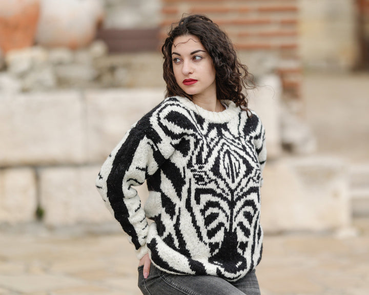 Alpaca and Merino Wool Sweater with Zebra Head, Hand Knitted Fashion Statement Jumper T1378