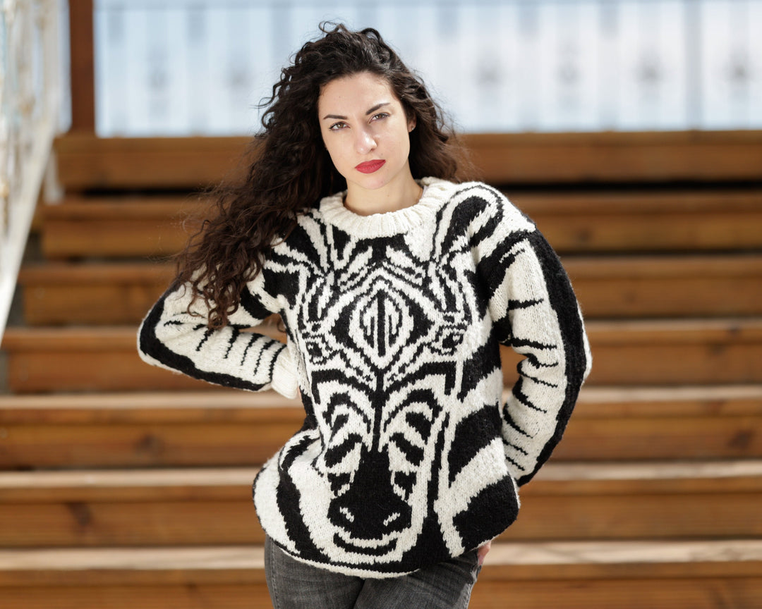 Alpaca and Merino Wool Sweater with Zebra Head, Hand Knitted Fashion Statement Jumper T1378