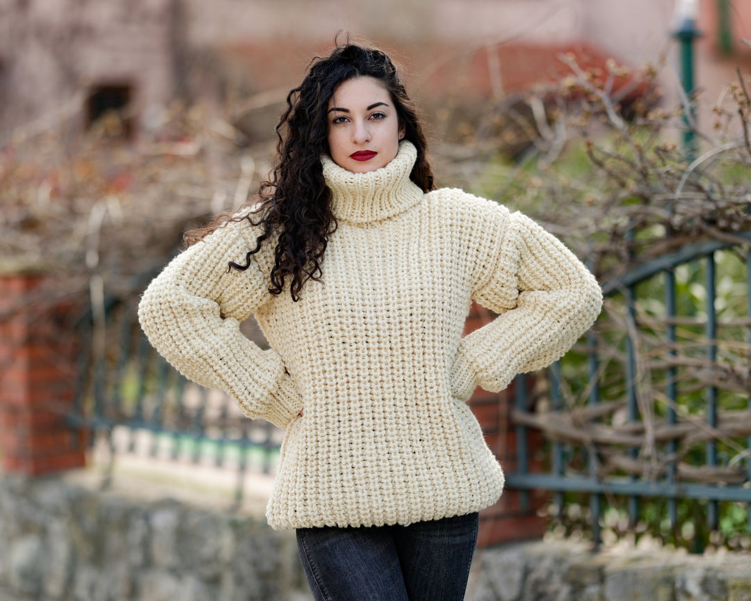 Wool Sweater Cream Fisherman Rib Knit, Hand Knitted Undyed Itchy 100% Wool Jumper T1381