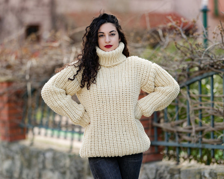 Wool Sweater Cream Fisherman Rib Knit, Hand Knitted Undyed Itchy 100% Wool Jumper T1381