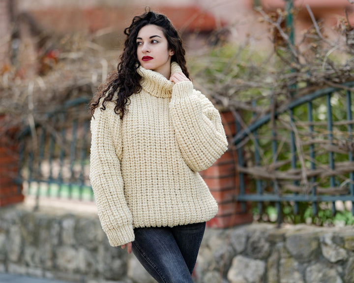 Wool Sweater Cream Fisherman Rib Knit, Hand Knitted Undyed Itchy 100% Wool Jumper T1381