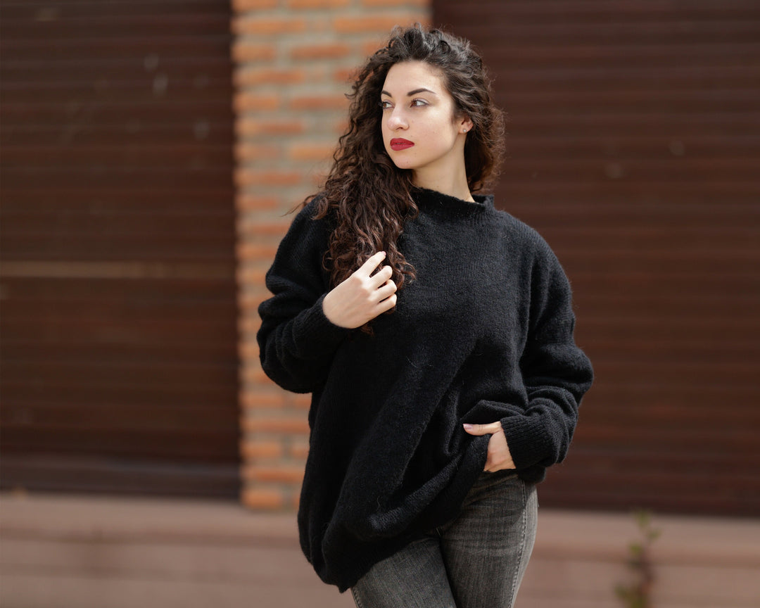 Hand Knitted Black Alpaca Merino Wool Sweater, Fluffy Fuzzy Jumper T1384