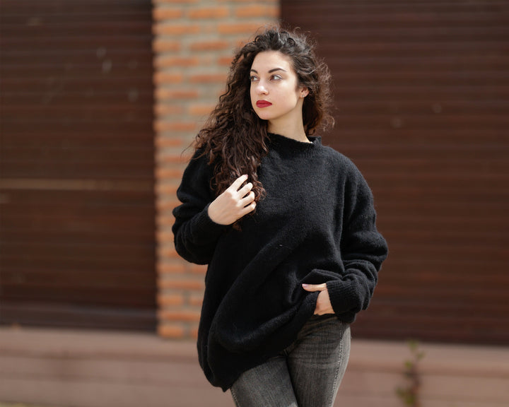 Hand Knitted Black Alpaca Merino Wool Sweater, Fluffy Fuzzy Jumper T1384