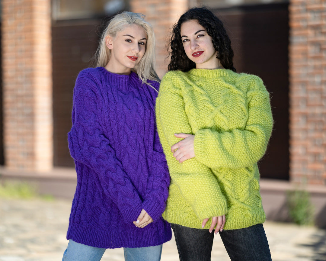 8-Strand Alpaca Sweater, Hand Knitted Soft Chunky Crewneck Warm Jumper T1408