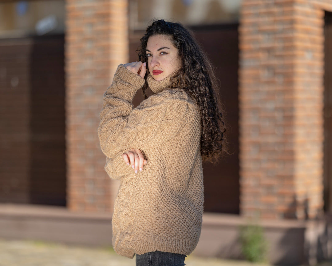 Silk Merino Wool Sweater Turtleneck, Hand Knitted Soft Lightweight Jumper T1411