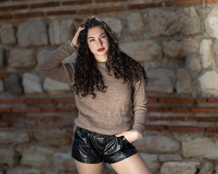 Hand Knitted Suri Alpaca Sweater, Fluffy Wool Crewneck Jumper T1418