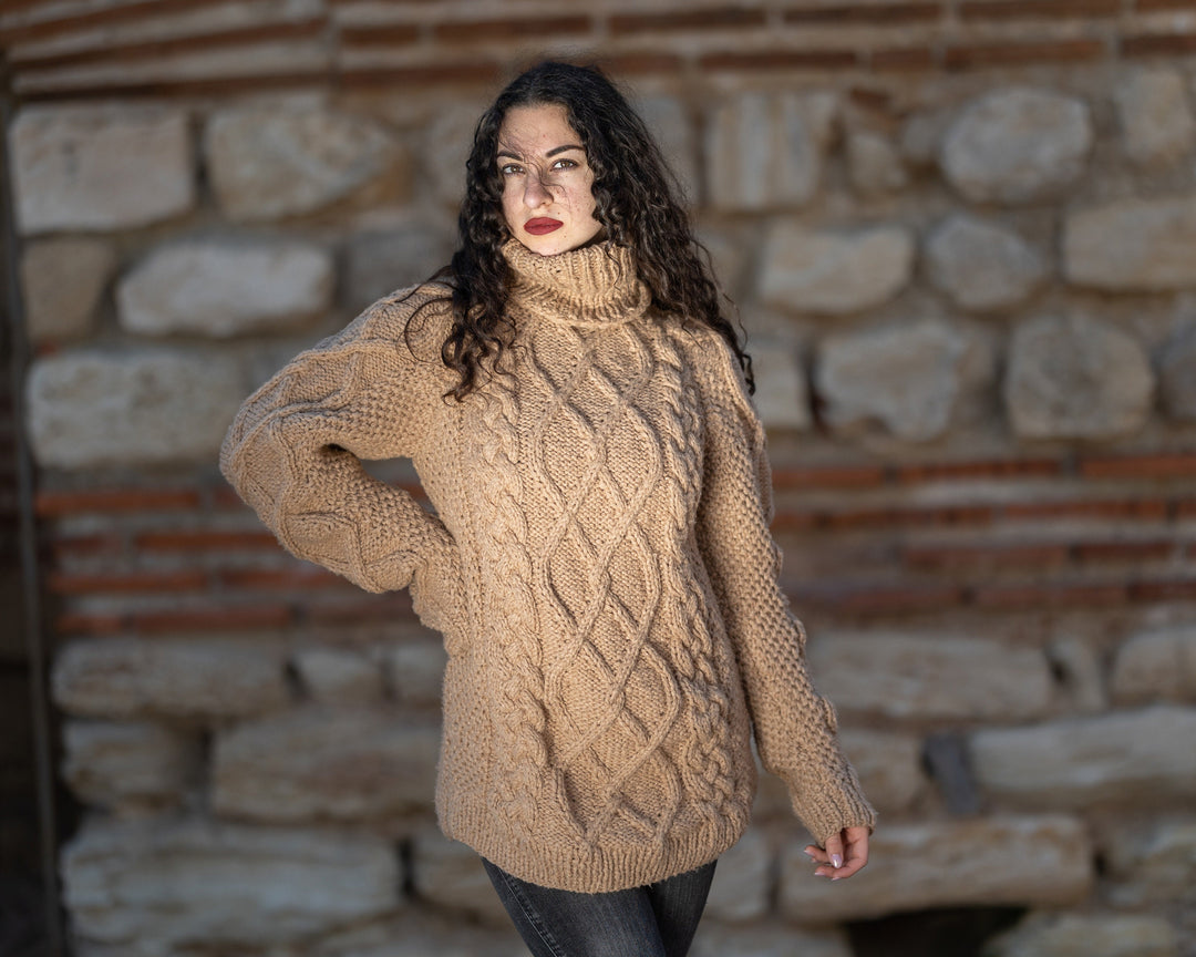 Silk Merino Wool Sweater Turtleneck, Hand Knitted Soft Lightweight Jumper T1411