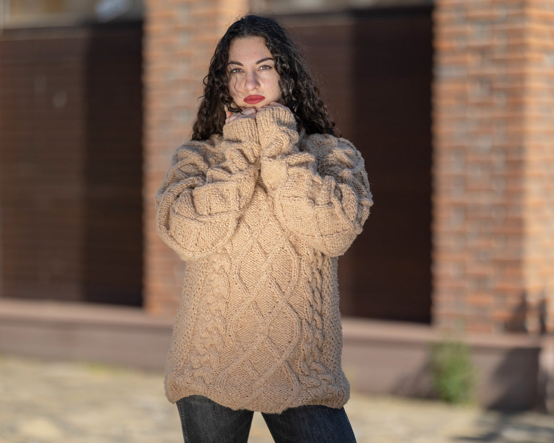 Silk Merino Wool Sweater Turtleneck, Hand Knitted Soft Lightweight Jumper T1411
