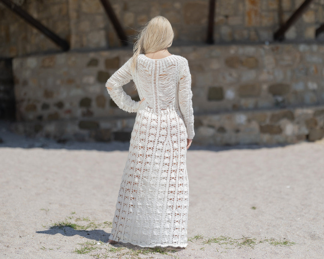 One available in size L Handmade Crochet Wedding Dress, Bohemian Bridal Gown