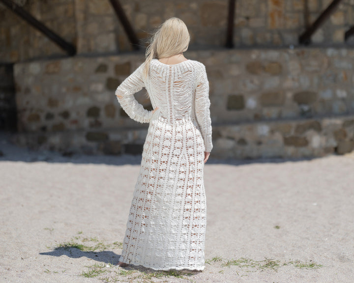 One available in size L Handmade Crochet Wedding Dress, Bohemian Bridal Gown