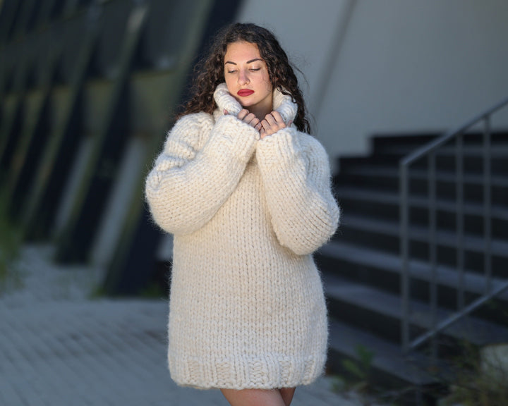 Hand Knitted 50-Strand Alpaca Wool Sweater, Chunky Bulky Winter Pullover T1439