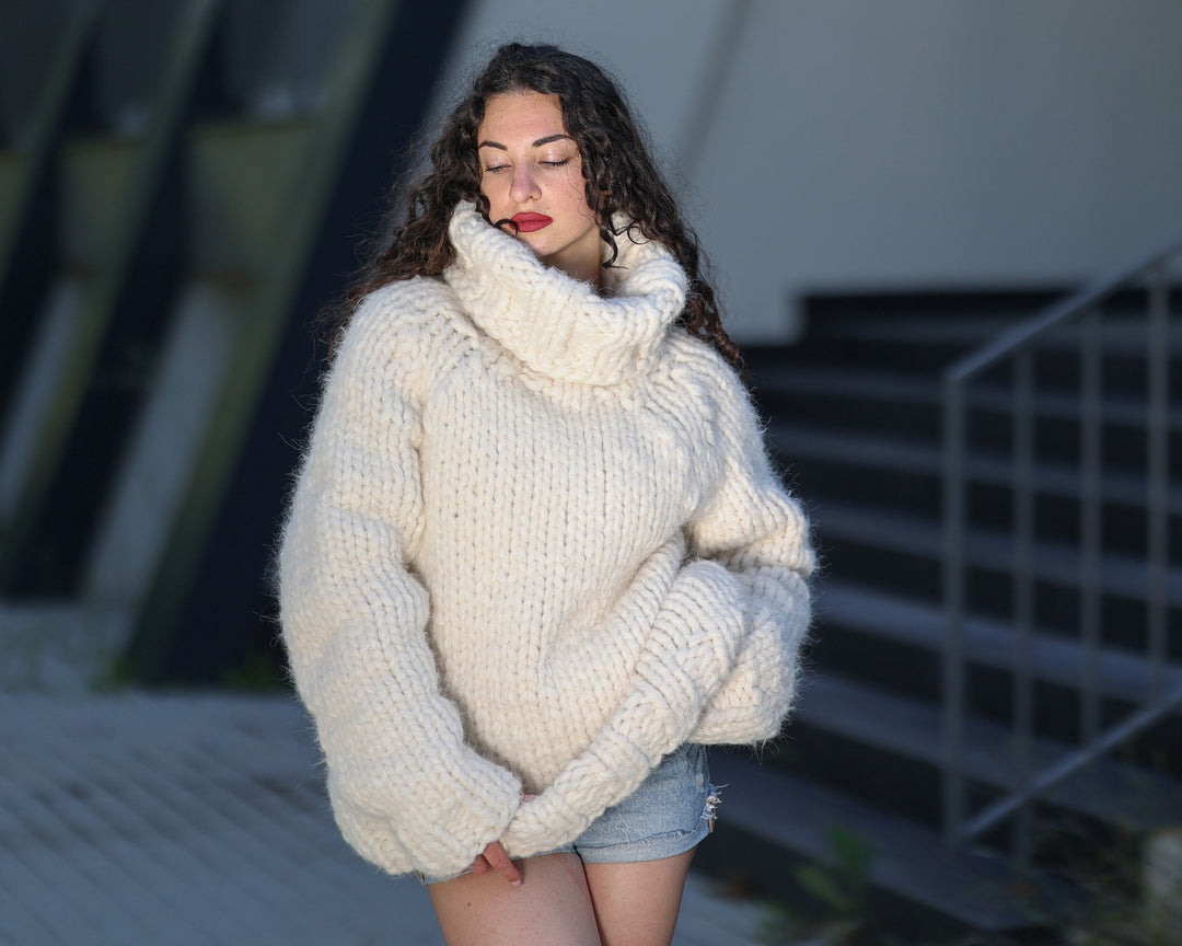 Hand Knitted 50-Strand Alpaca Wool Sweater, Chunky Bulky Winter Pullover T1439