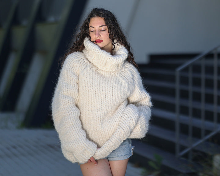 Hand Knitted 50-Strand Alpaca Wool Sweater, Chunky Bulky Winter Pullover T1439