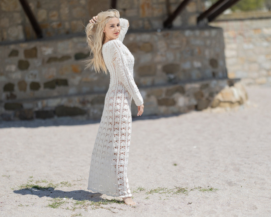 One available in size L Handmade Crochet Wedding Dress, Bohemian Bridal Gown