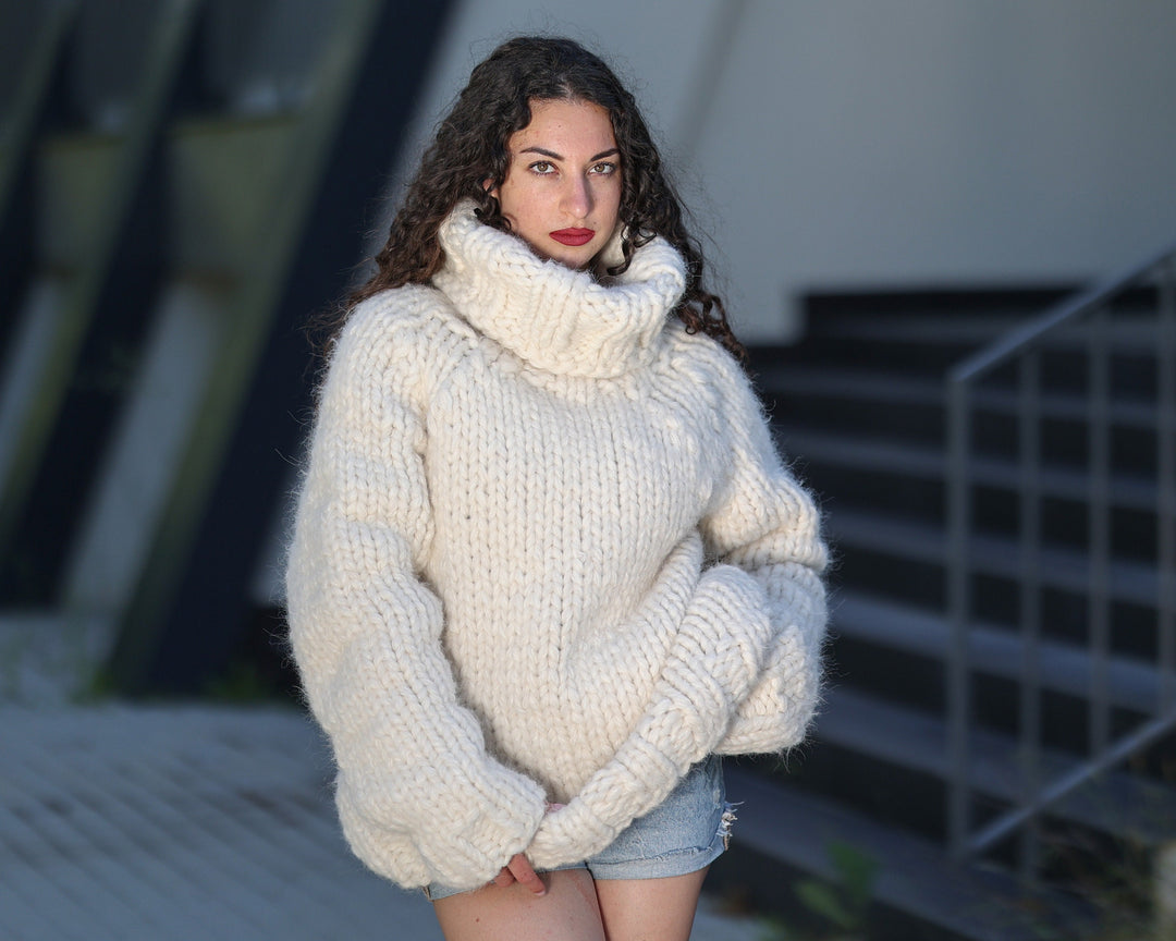 Hand Knitted 50-Strand Alpaca Wool Sweater, Chunky Bulky Winter Pullover T1439
