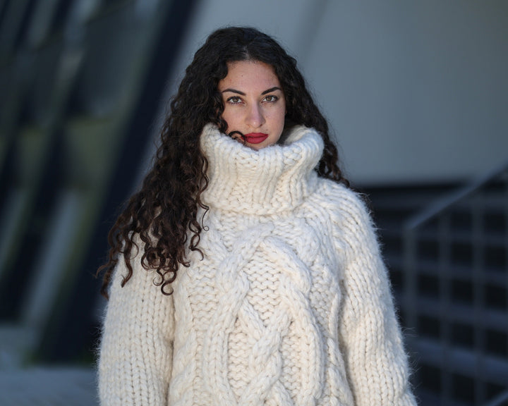 Hand Knitted 50-Strand Alpaca Wool Sweater, Bulky Winter Pullover T1440