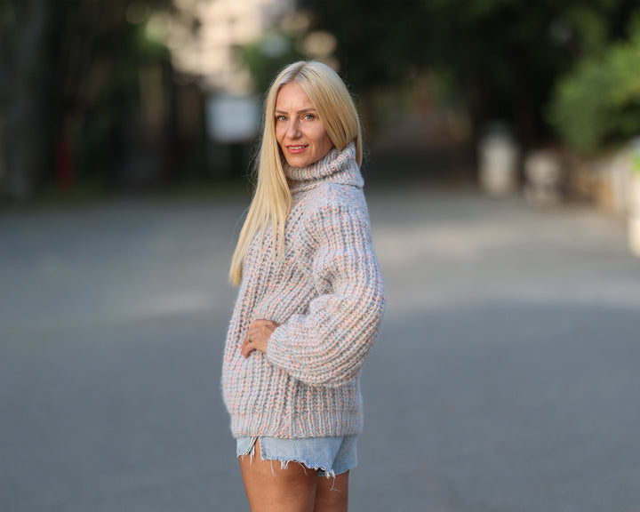 Hand Knit Baby Alpaca Bouclé Sweater, Chunky Cable Knit Pullover T1456