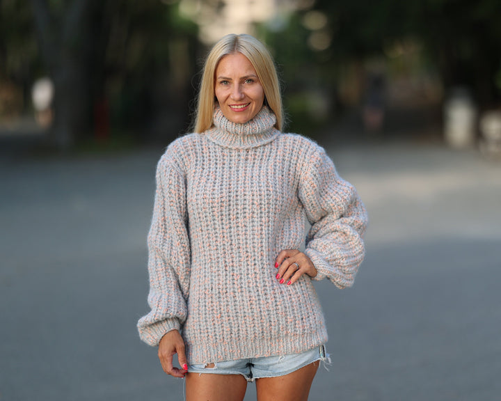Hand Knit Baby Alpaca Bouclé Sweater, Chunky Cable Knit Pullover T1456